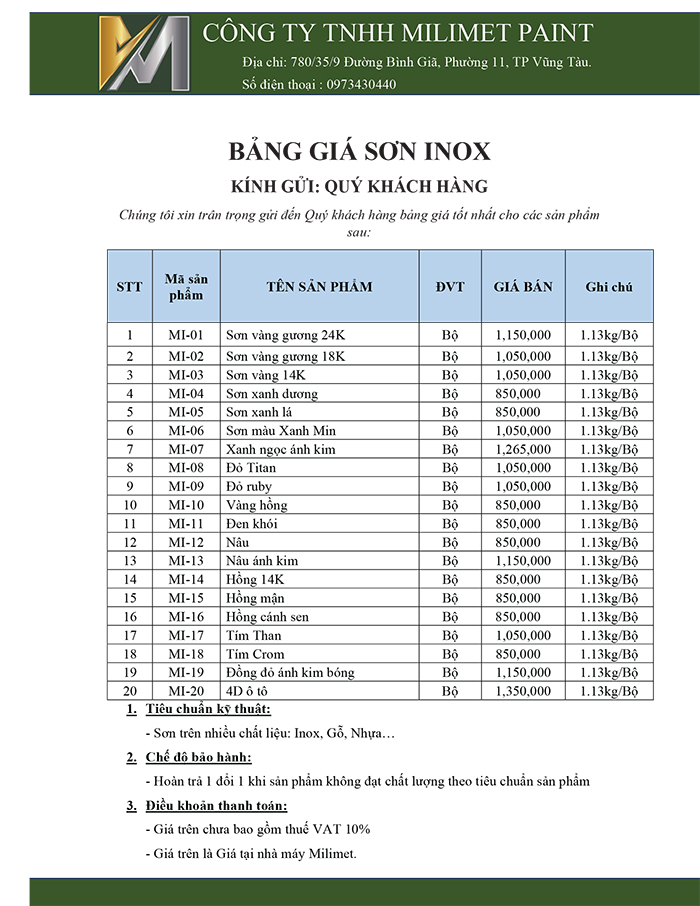 Bảng giá sơn milimetpaint